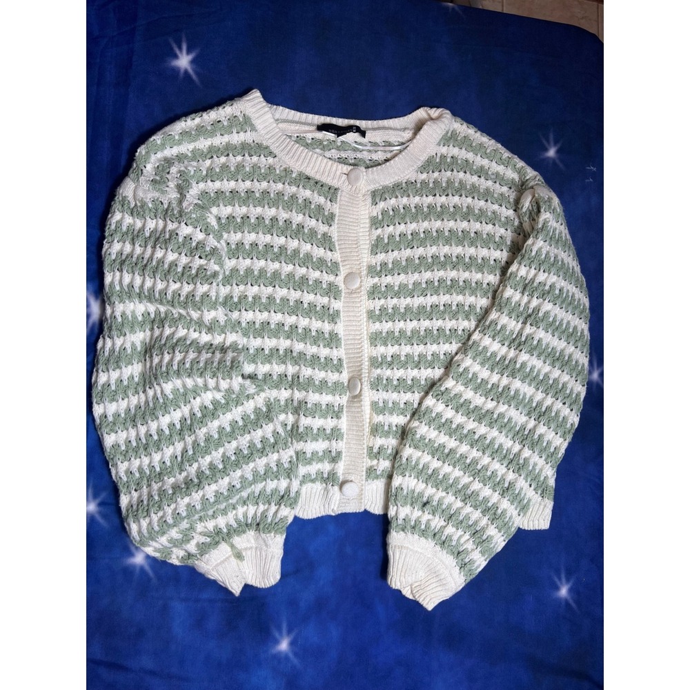 Broadway Sage Green Cream Striped Open Knit Button Front Cardigan Sweater XL